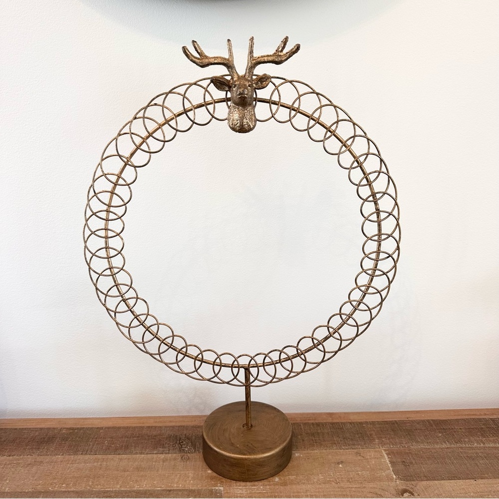 Vintage Gold Brass Tone Metal Wreath Tabletop Card Holder Deer Antlers 17” Tall